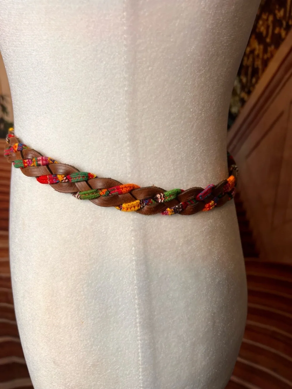 Braided Brown Multicolor Leather Belt with Gold Buckle, S/M