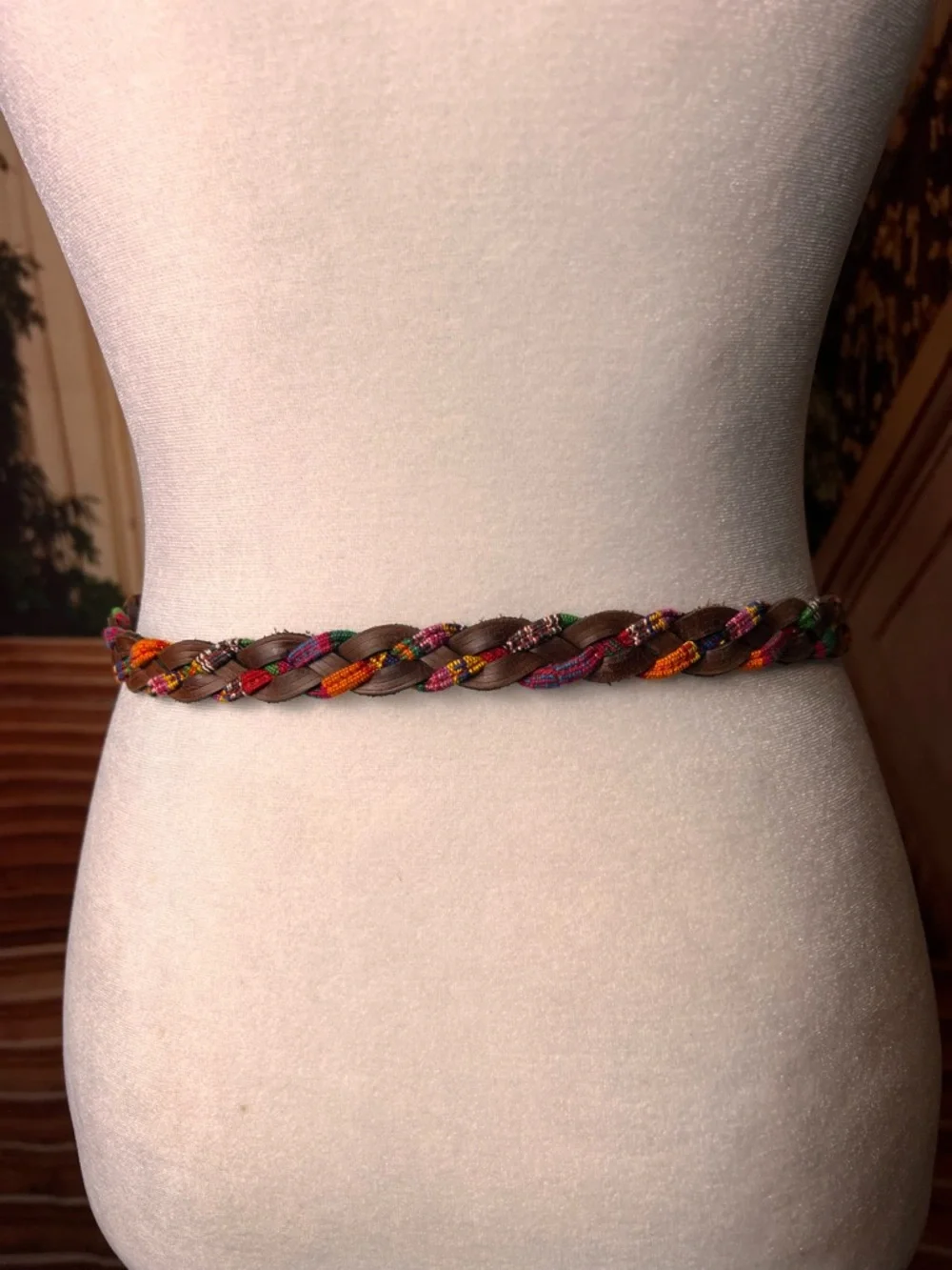Braided Brown Multicolor Leather Belt with Gold Buckle, S/M