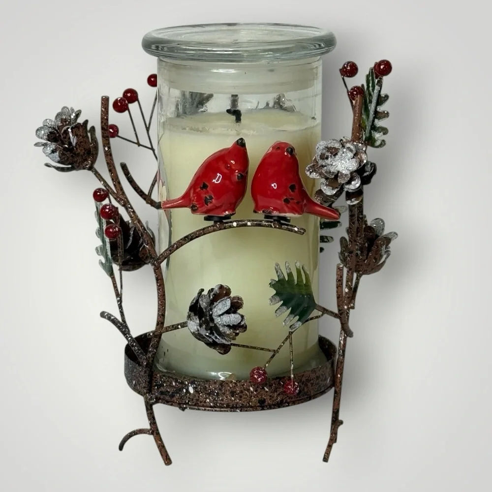 Large Pillar‎ Metal Candle Holder With Ceramic Red Cardinal Birds Pinecones