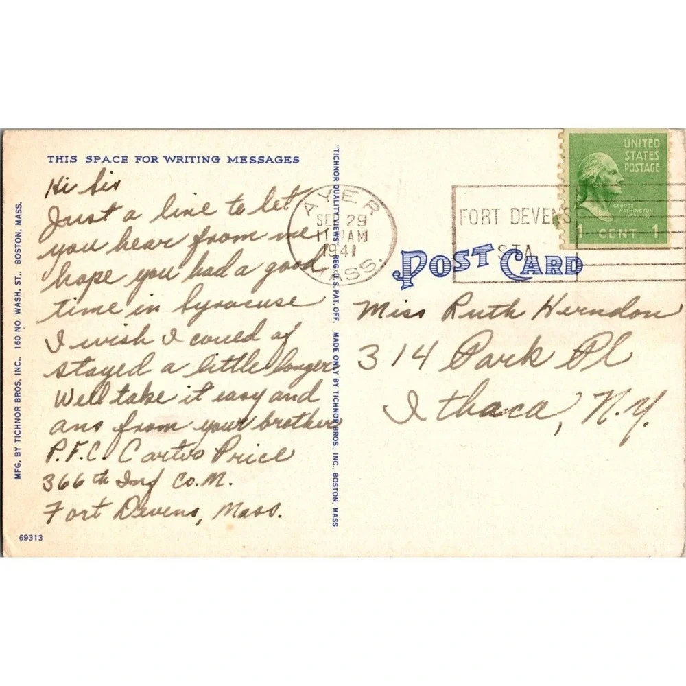 Vintage Postcard 1941 Post Chapel Fort‎ Devens Massachusetts