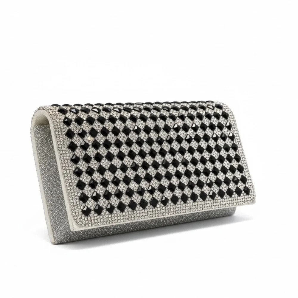 SPARKLING JEWELED BEADED FOLIO PHONE CASE CLUTCH WALLET BLACK SILVER