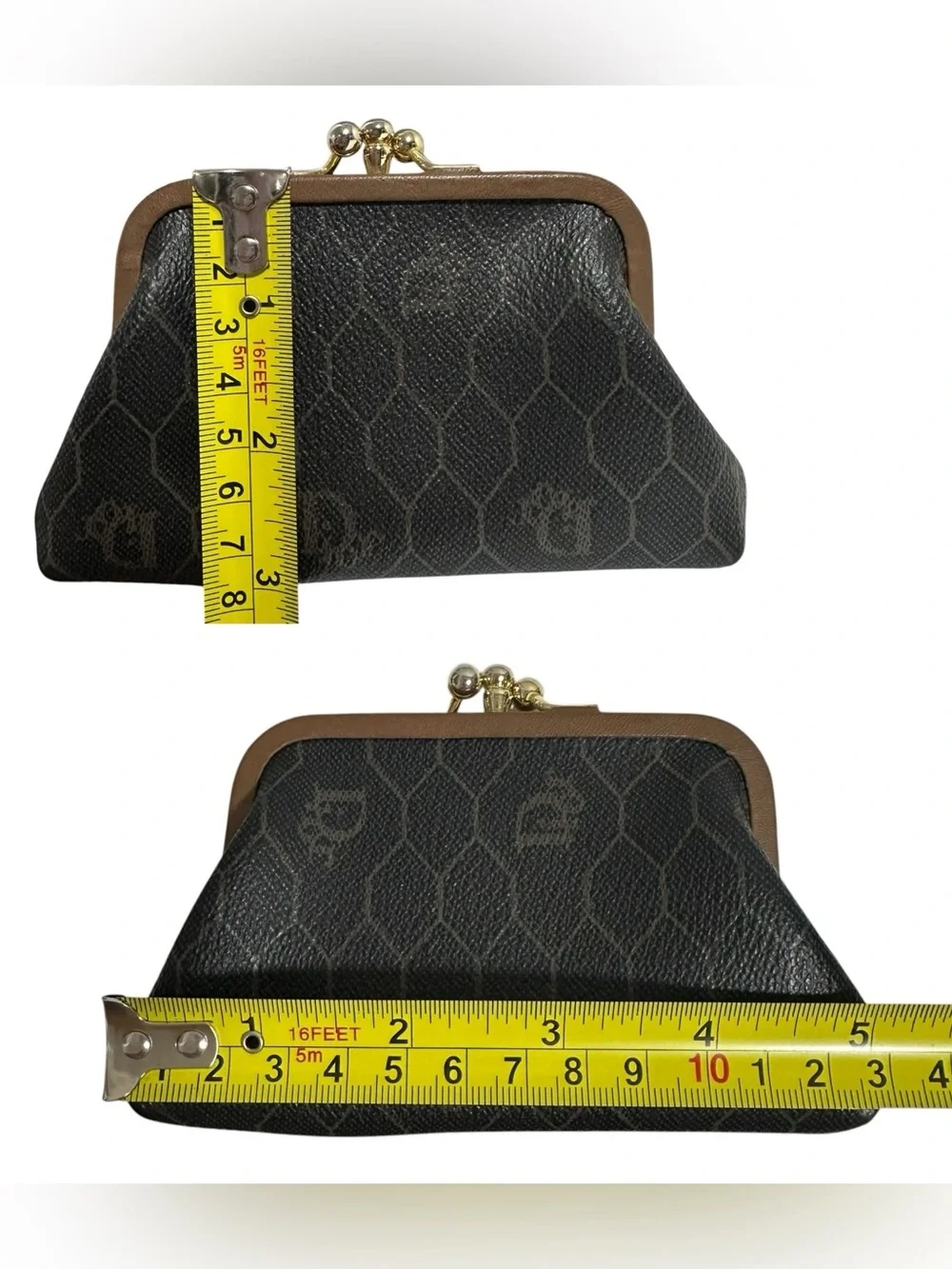 Dior Honeycomb Vintage Black & Tan Leather Kisslock Card & Coin Case