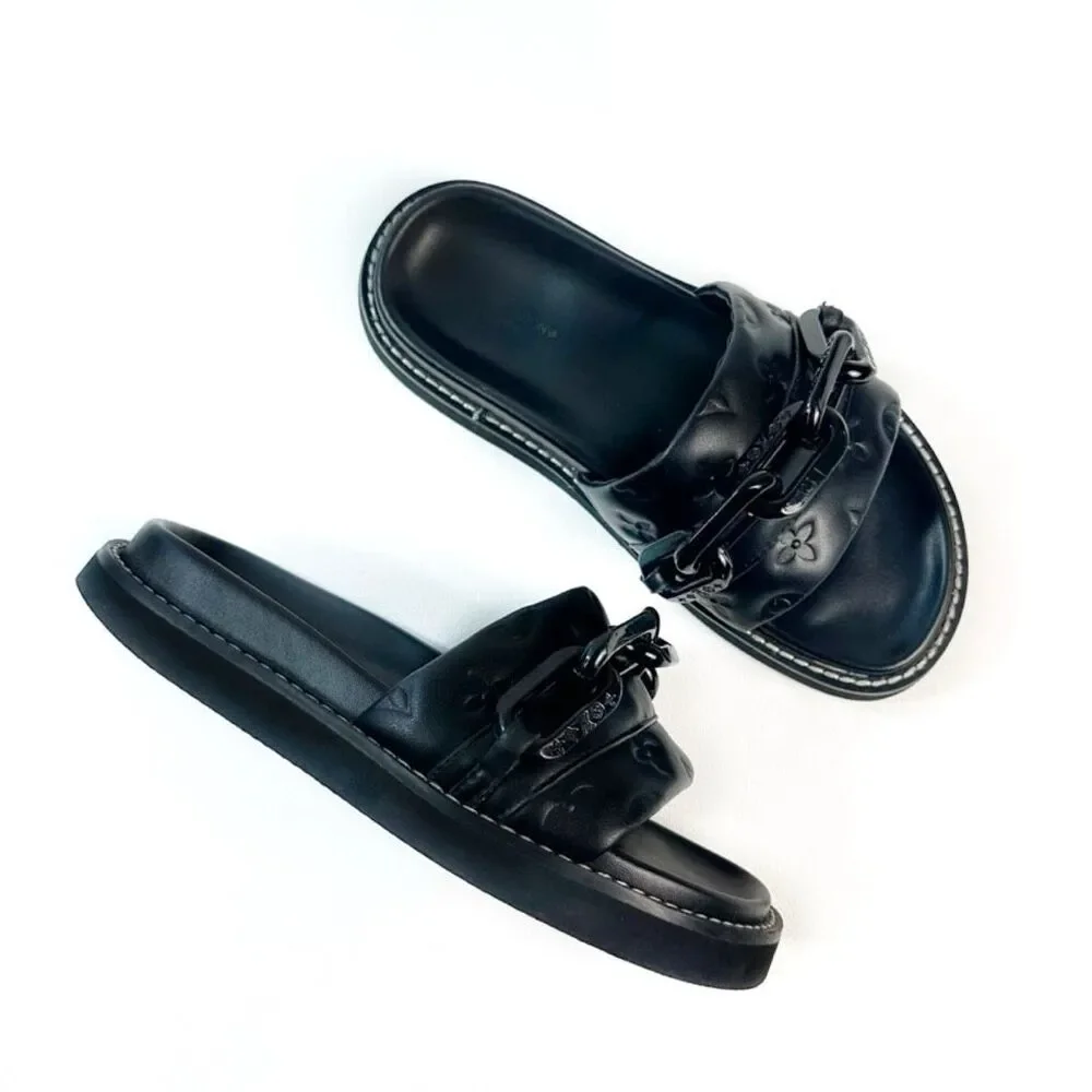 LOUIS VUITTON Sunset Flat Comfort Mule Slide Sandal Size 39 Black Monogram