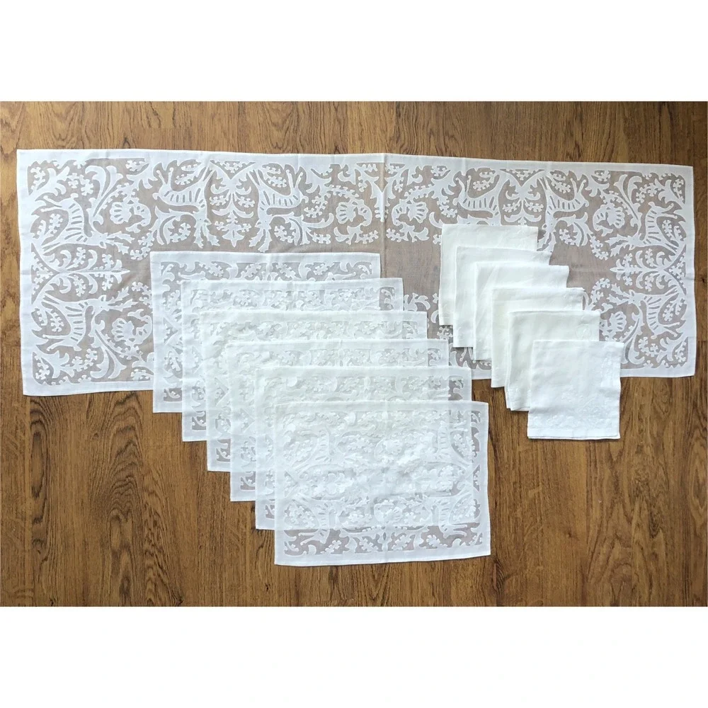 Antique Hungarian Buzsak Stag in the Woods Applique Lace Linen‎ Runner + Set
