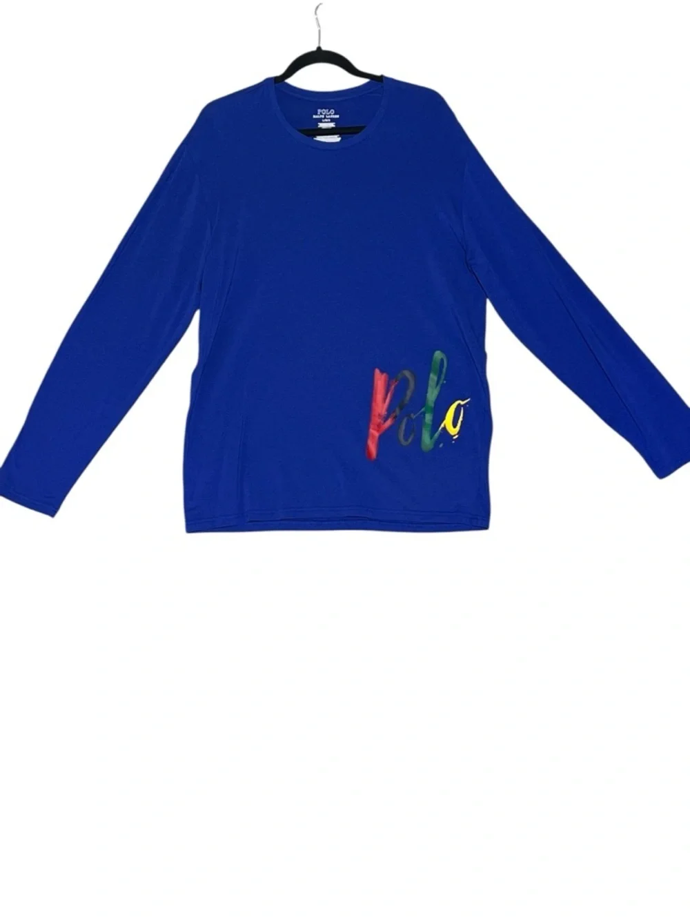 POLO RALPH LAUREN Royal Blue Brushstroke Script Logo Long Sleeve Tee Mens Large