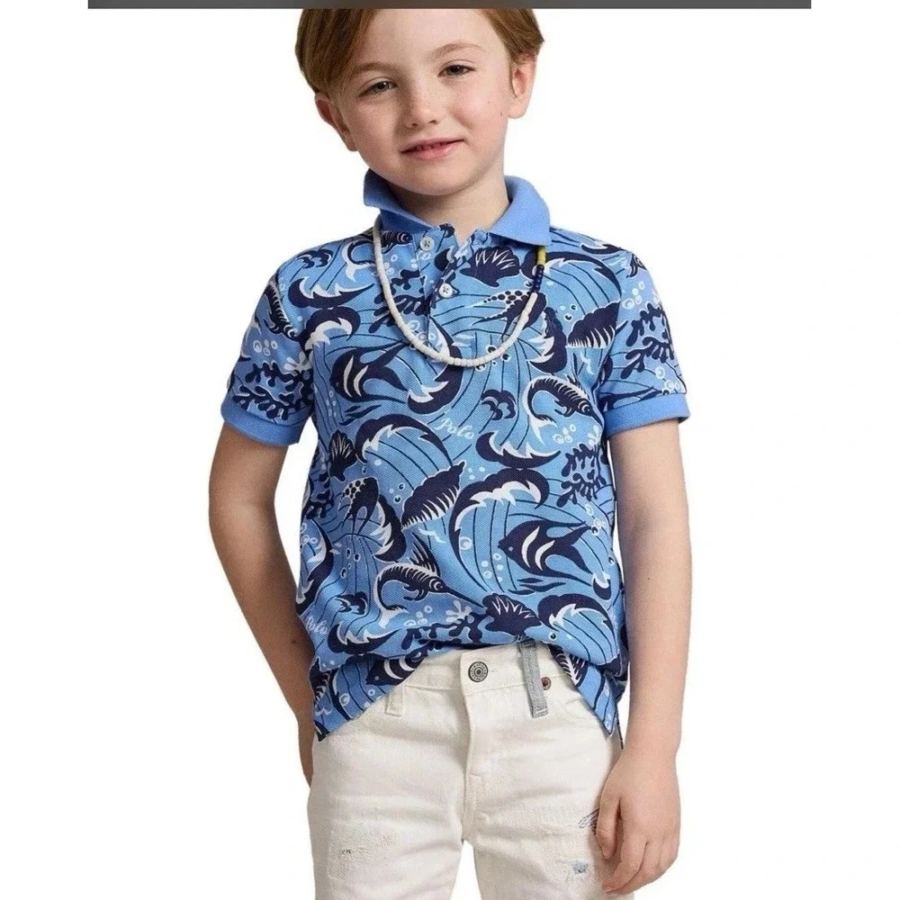 Polo Ralph Lauren Polo Shirt‎ Boys Sz M 10-12 Reef Print Cotton Mesh