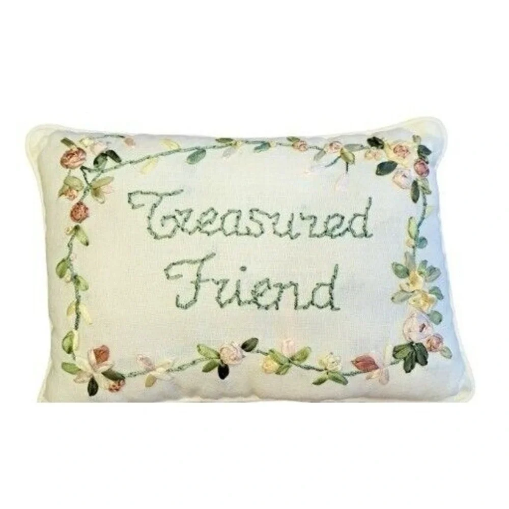 Treasured Friend Ribbon Embroidery Floral Accent Pillow Cream‎ 11x8