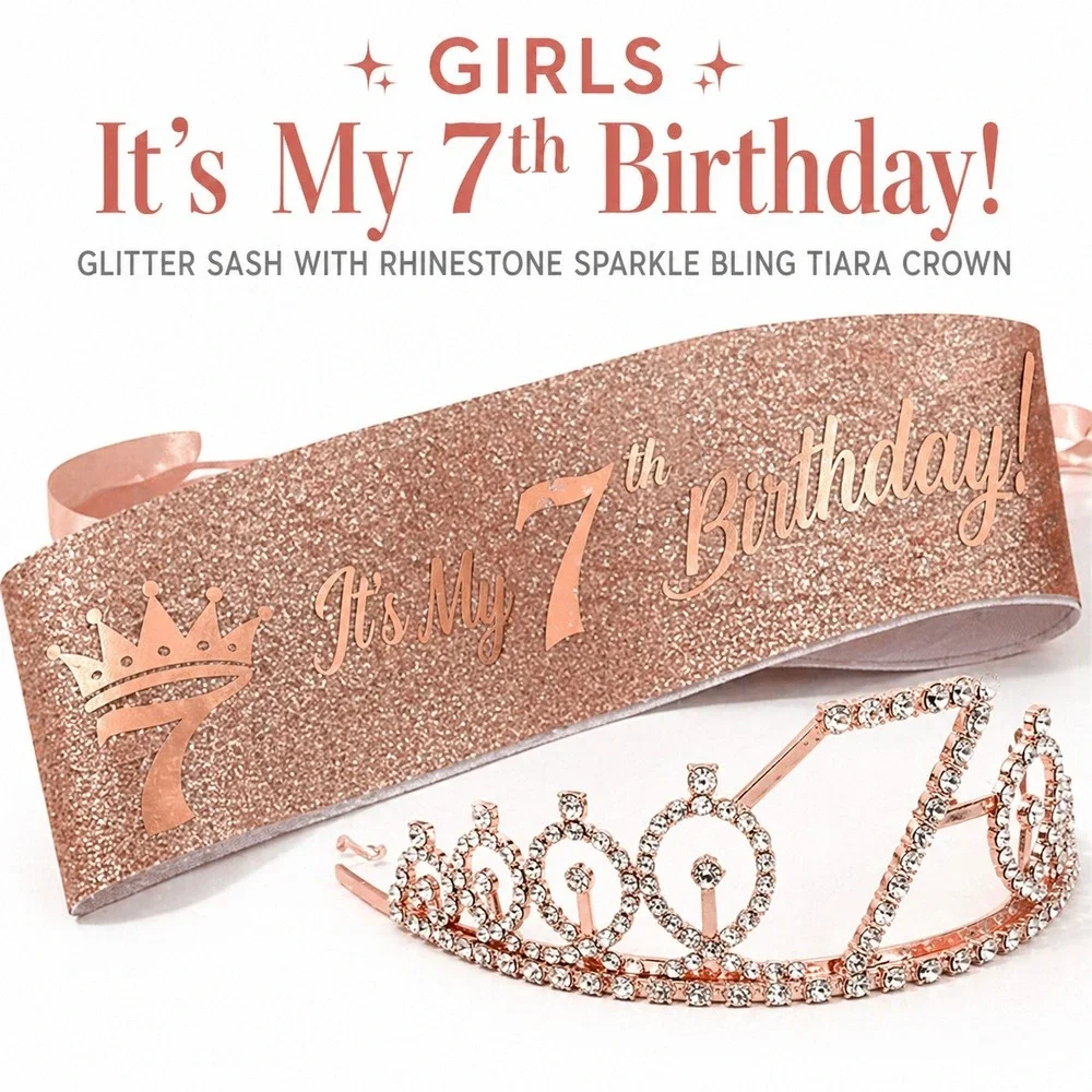 Girls 7th Birthday Rose Gold Glitter Sash and Rhinestone Sparkle Tiara Crown Set