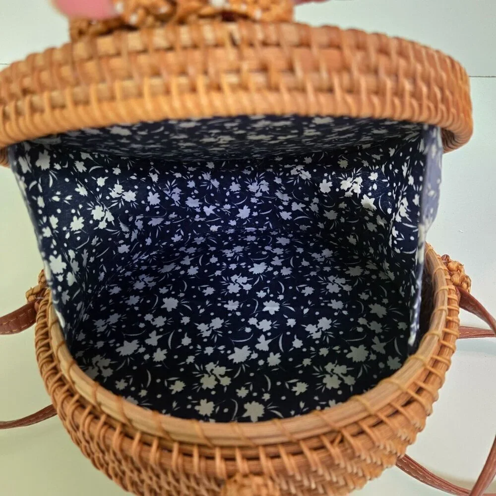 D'Margeaux Handwoven Round Wicker Crossbody Canteen Bag