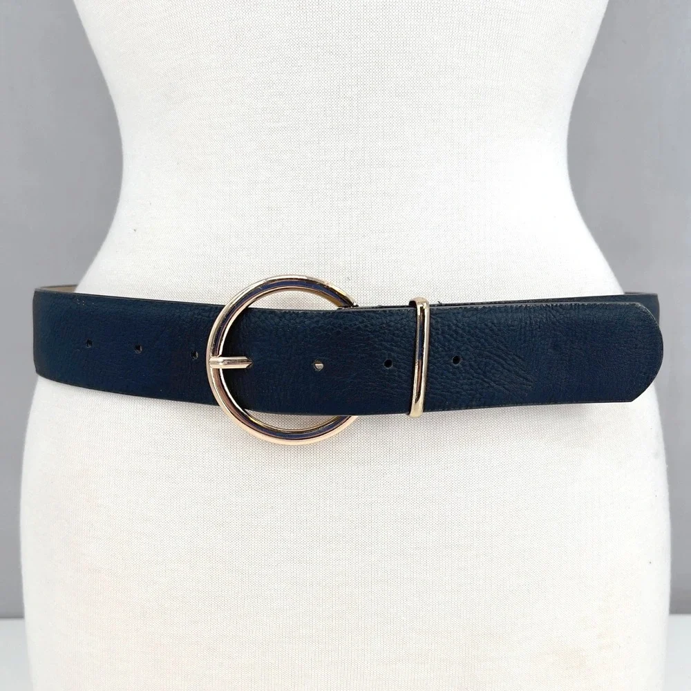 Adrienne Vittadini Womens Wide Black Belt Rose Gold Round Buckle Classic S | M