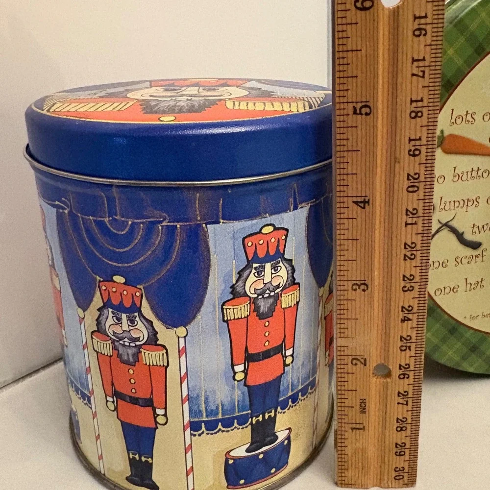 3‎ Vintage Christmas Tins Nutcracker Snowman Patchwork Holiday Decor Storage