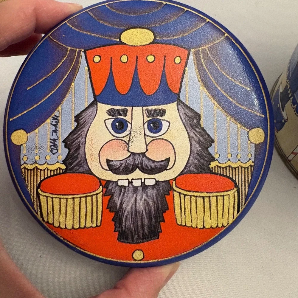 3‎ Vintage Christmas Tins Nutcracker Snowman Patchwork Holiday Decor Storage