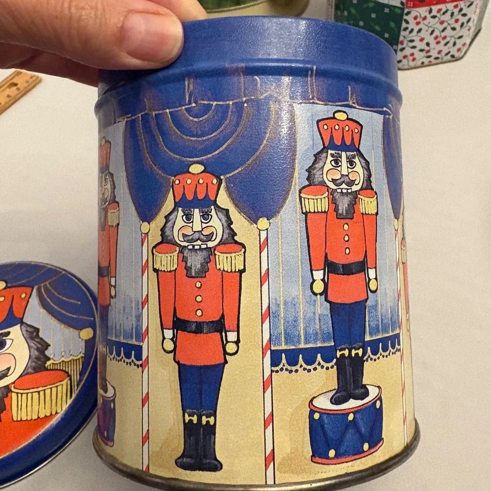 3‎ Vintage Christmas Tins Nutcracker Snowman Patchwork Holiday Decor Storage