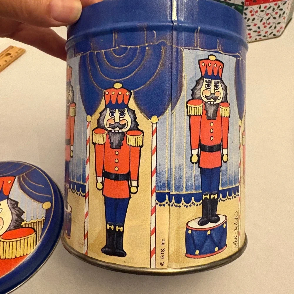 3‎ Vintage Christmas Tins Nutcracker Snowman Patchwork Holiday Decor Storage