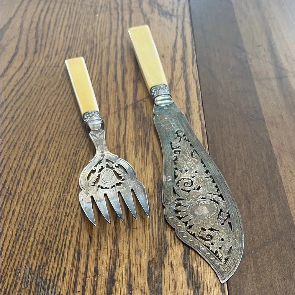Vintage Silver and Yellow Handle Serving Set