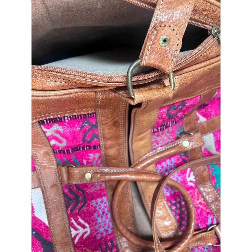 One-of-a-Kind Huipil & Full-Grain Leather Convertible Travel Duffel Bag