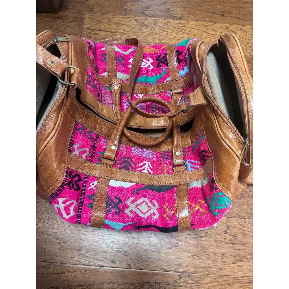 One-of-a-Kind Huipil & Full-Grain Leather Convertible Travel Duffel Bag