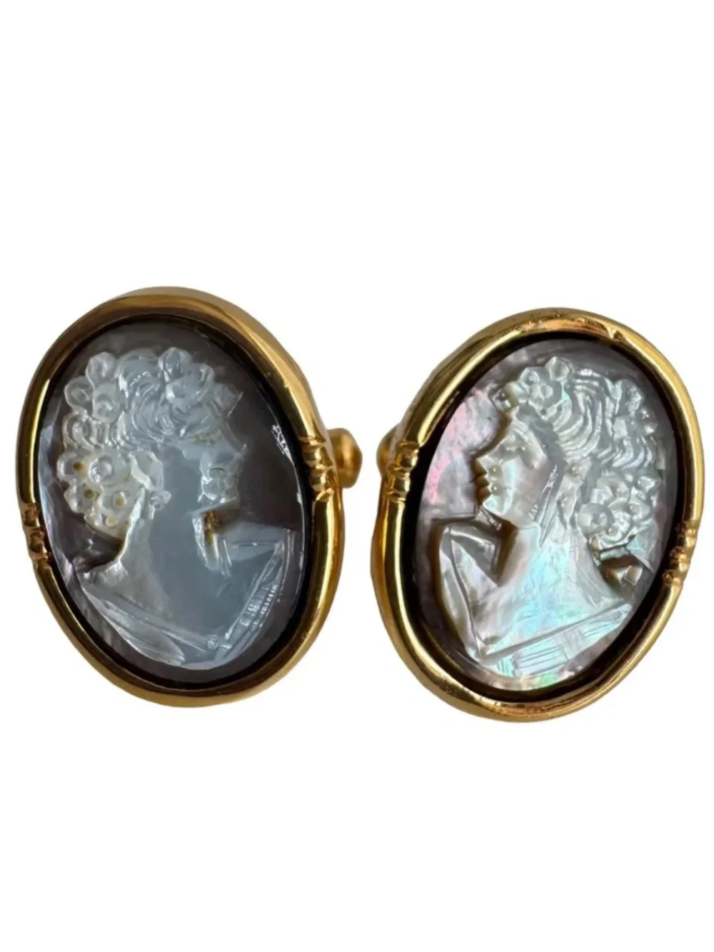Vintage Black Shell Cameo Cufflinks Victorian Portrait Gold Tone Formal Wedding