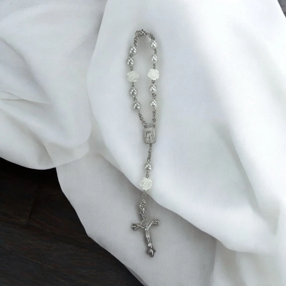 5 Decade Rosary Prayer Faux Pearl Bead Bracelet