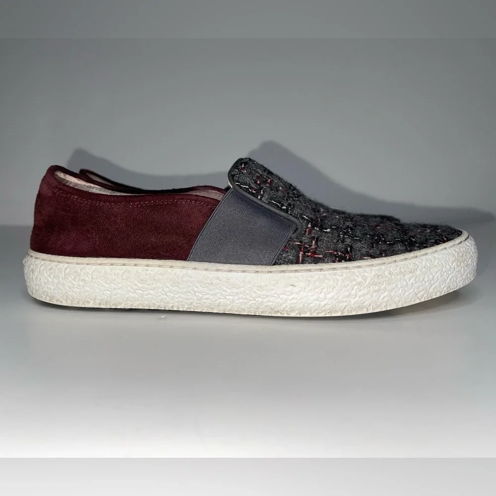 CHANEL CC Slip-On Sneakers Suede Plaid Tweed Size 37.5 / 7