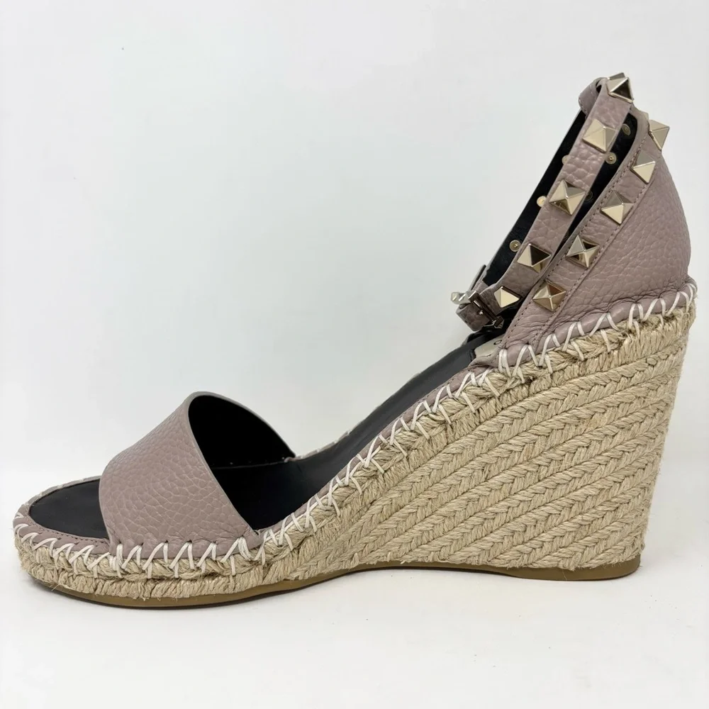 Valentino Garavani Double Rockstud Wedge Sandal 10 Poudre Espadrille Size 40 10