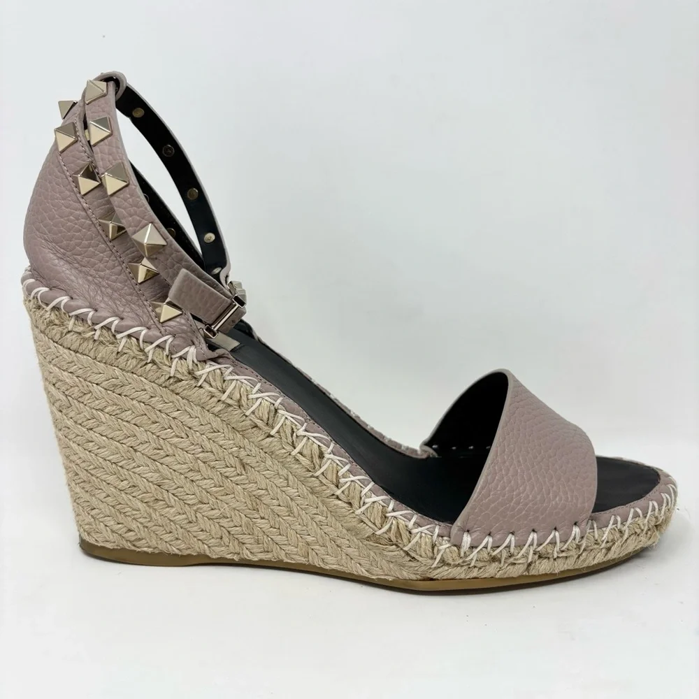 Valentino Garavani Double Rockstud Wedge Sandal 10 Poudre Espadrille Size 40 10