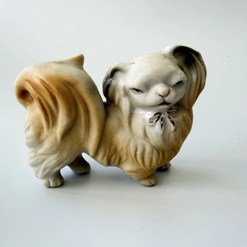 Vintage Orion Japan Ceramic Pekingese Dog Figurine Gold Bow Long Hair Puppy 3.5