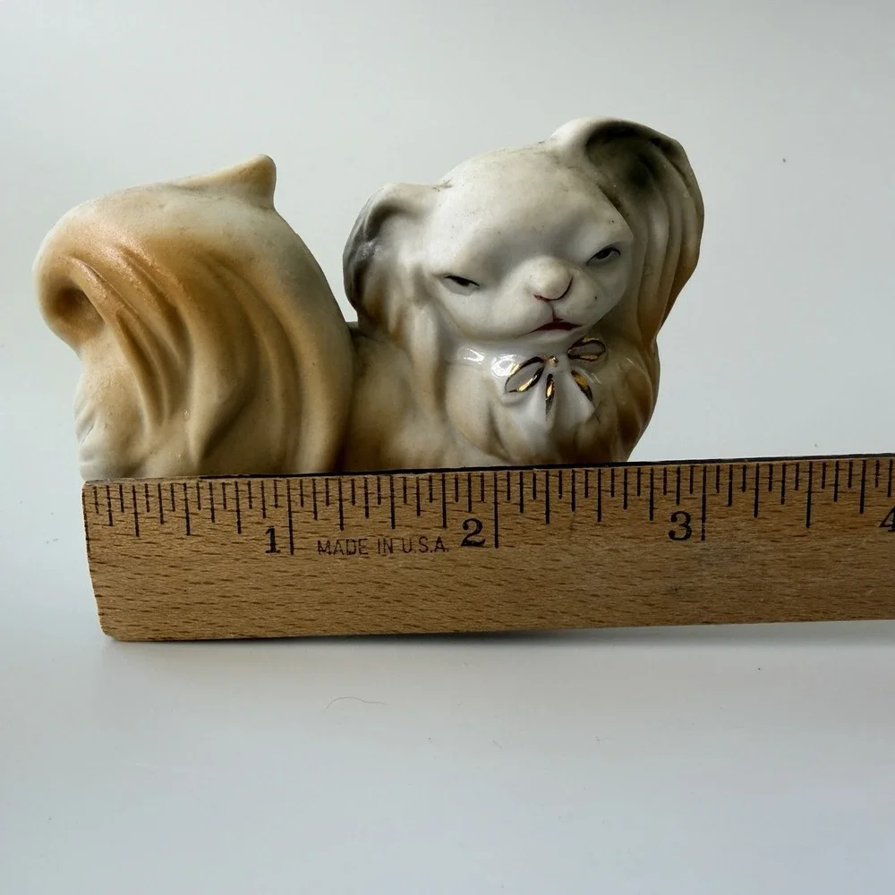 Vintage Orion Japan Ceramic Pekingese Dog Figurine Gold Bow Long Hair Puppy 3.5