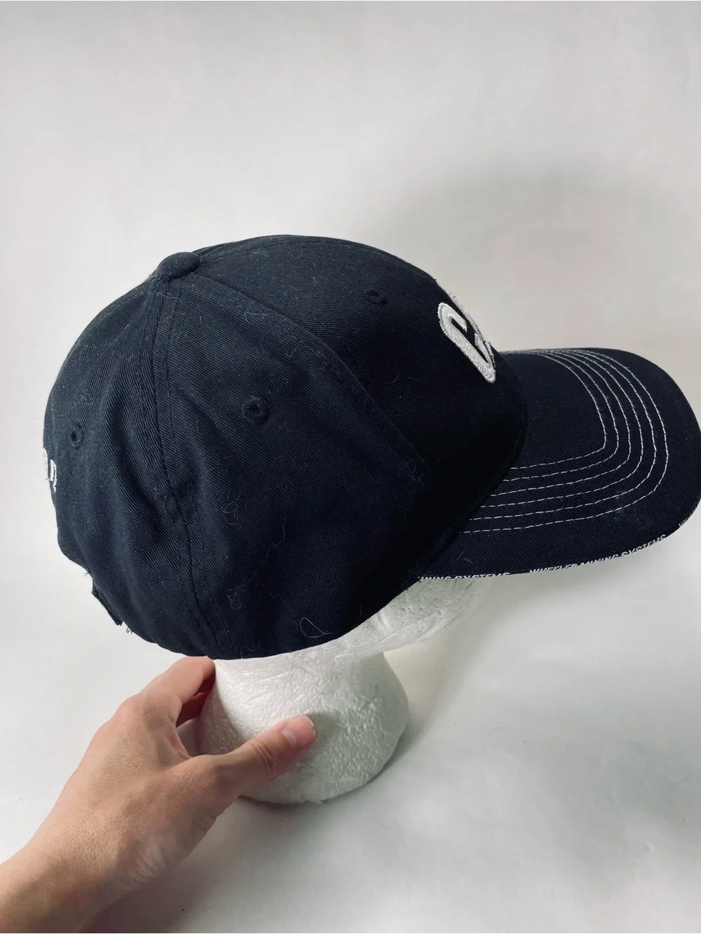 CAT Caterpillar Black Baseball Cap with White Logo and American Flag Patch