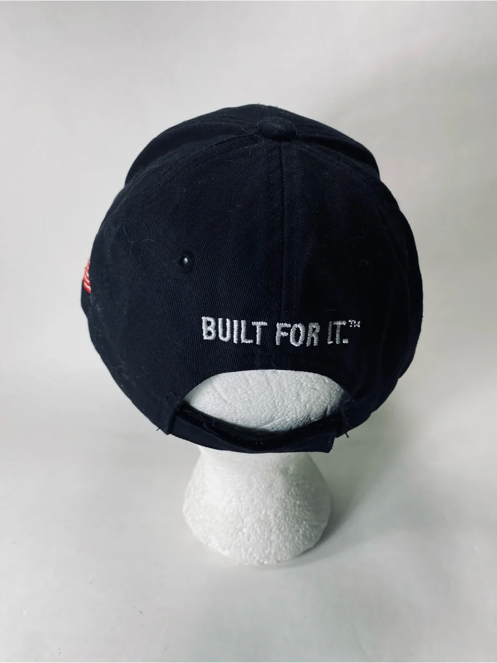 CAT Caterpillar Black Baseball Cap with White Logo and American Flag Patch