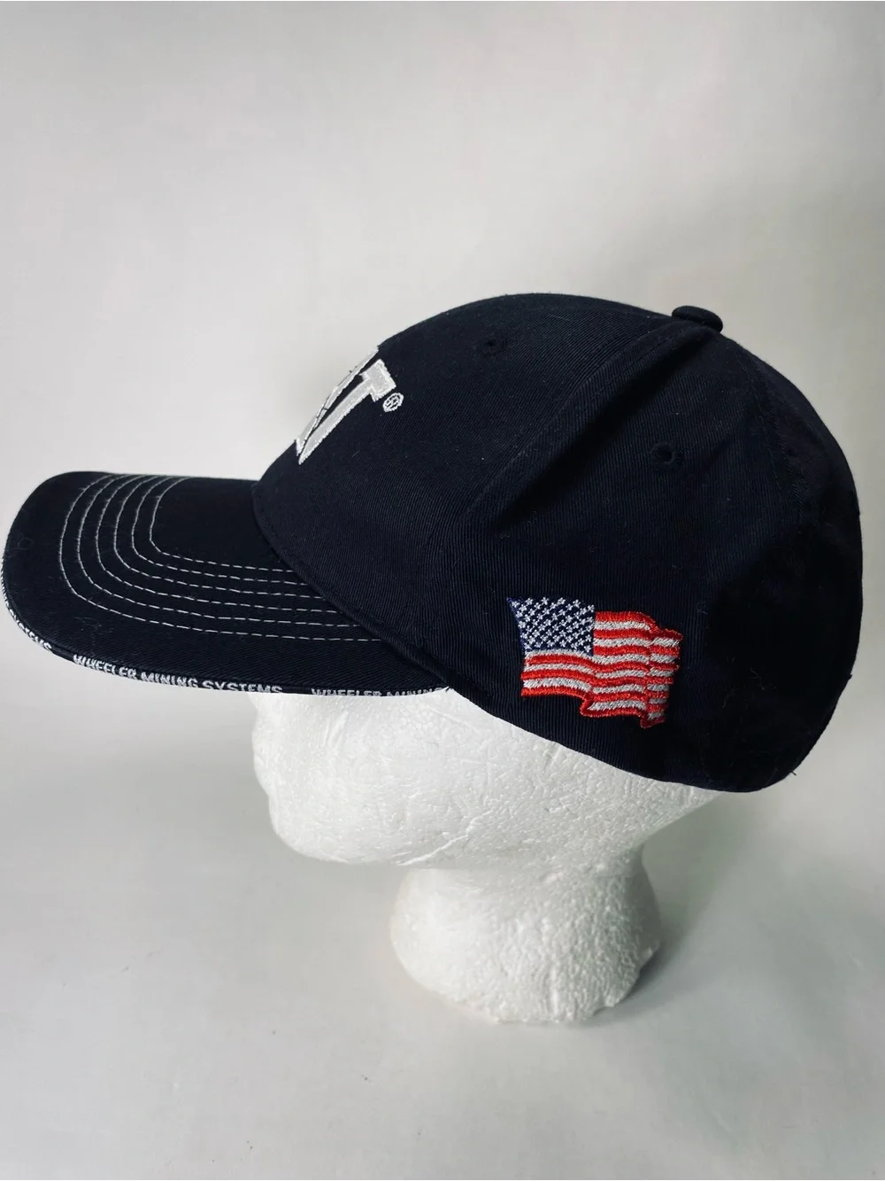 CAT Caterpillar Black Baseball Cap with White Logo and American Flag Patch