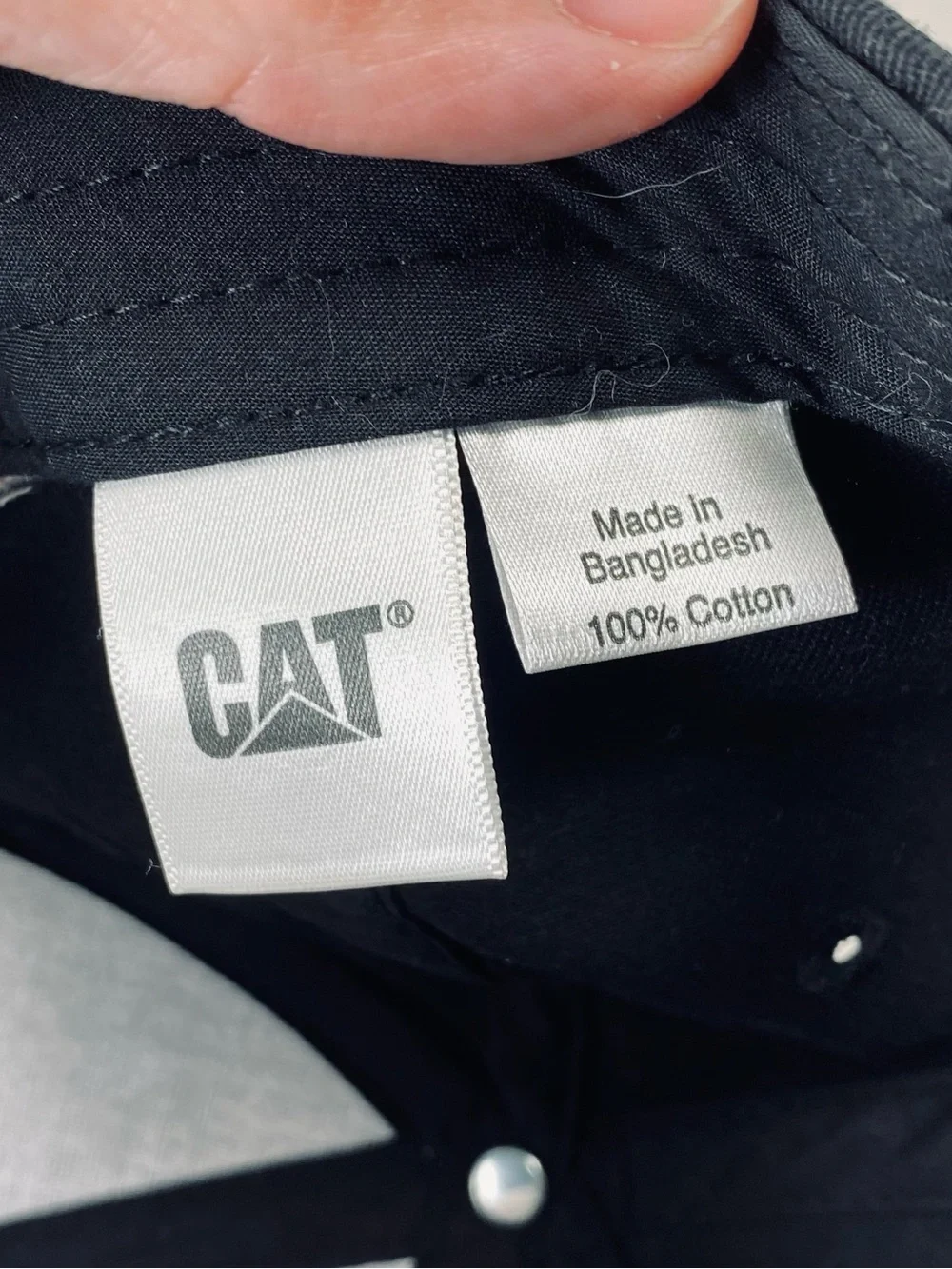 CAT Caterpillar Black Baseball Cap with White Logo and American Flag Patch