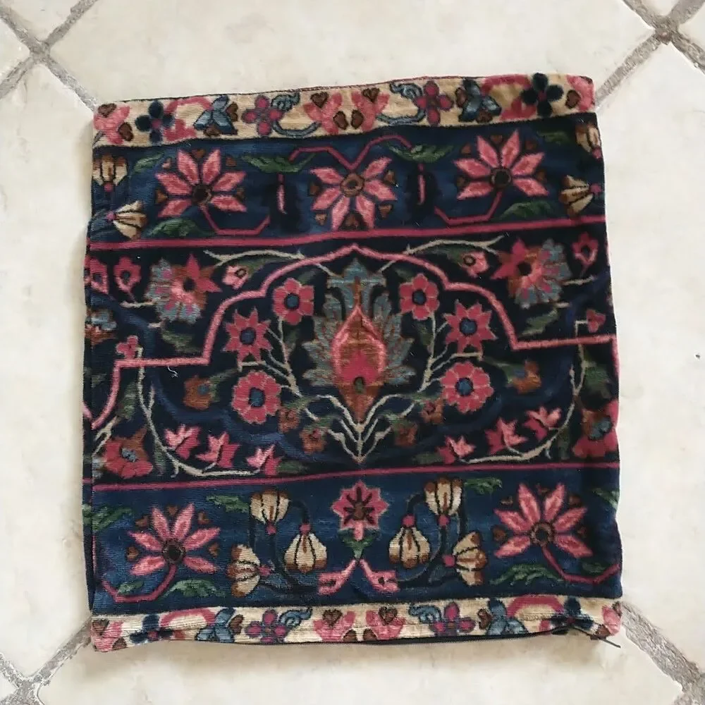 Vtg Ralph Lauren Pillow Blue Floral Corduroy Cotton USA Square 14x14