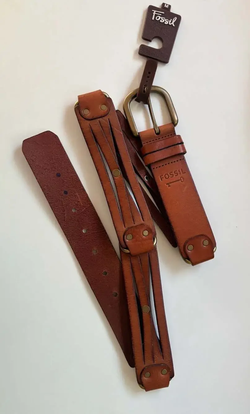 Fossil Women's Tan Leather Belt with Brass Hardware/ Cutout Detail, Size M. NWT
