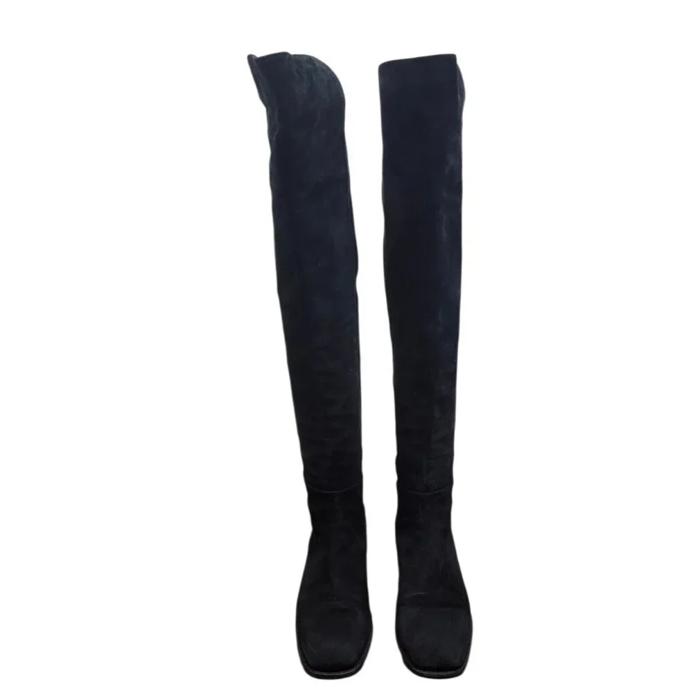 Stuart Weitzman 5050 Black Suede Over The Knee Flat Boots Stretch OTK Women 7.5