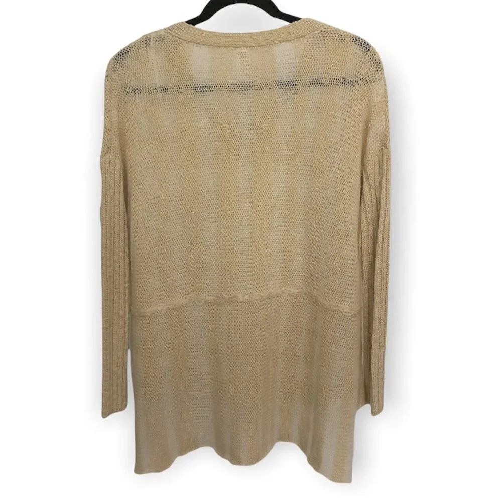 MYSTREE Pullover Sweater Women's Size M/L Tan Hi-Low Sheer Knit V-Neck