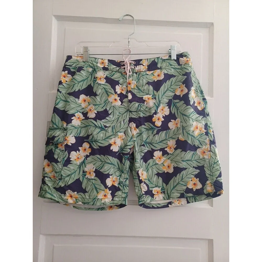 J. Crew blue floral swim trunks swim shorts mens 34 built-in brief beach tropica