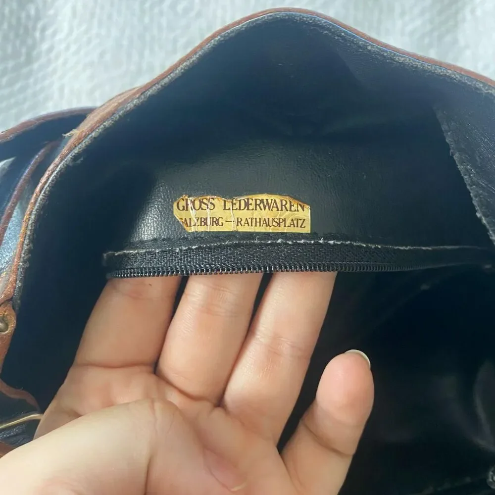 Vintage 90s Made In Austria Black Brown Soft Leather Hobo Shoulder Bucket Bag