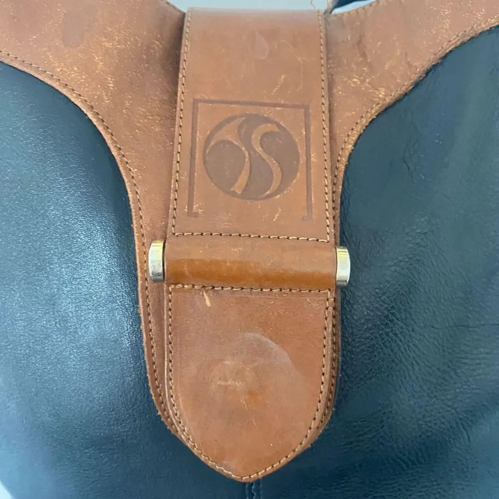 Vintage 90s Made In Austria Black Brown Soft Leather Hobo Shoulder Bucket Bag