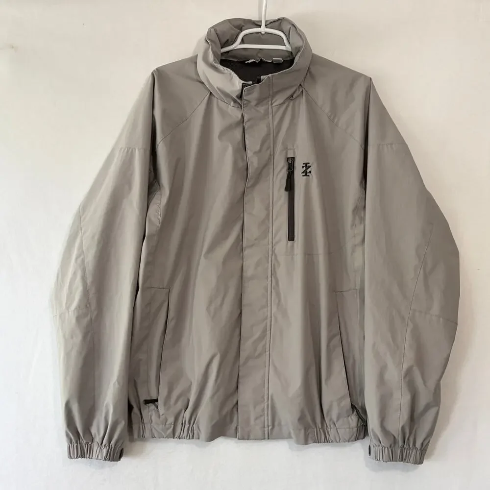 IZOD Golf Jacket Mens Medium Gray Windbreaker Roll Up Hood Lightweight Full Zip