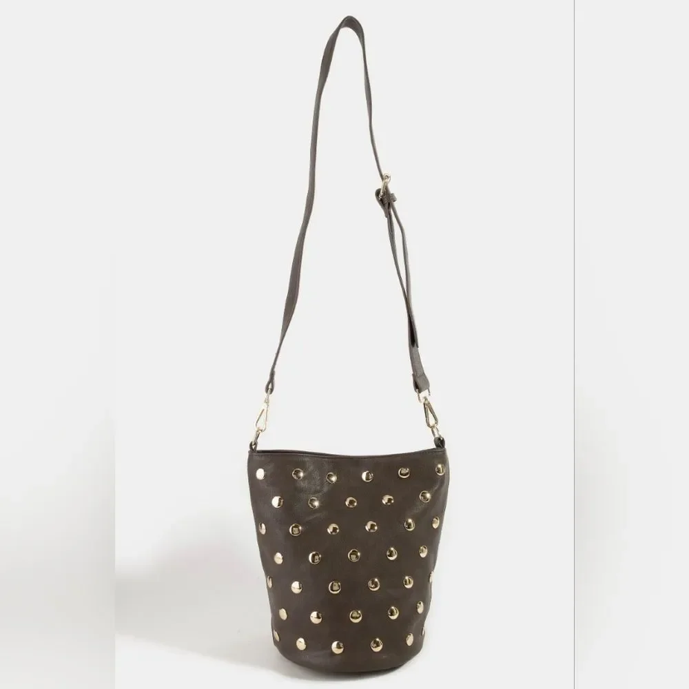 Fame Casual Studded Faux Leather Taupe Or Tan Bucket Bag