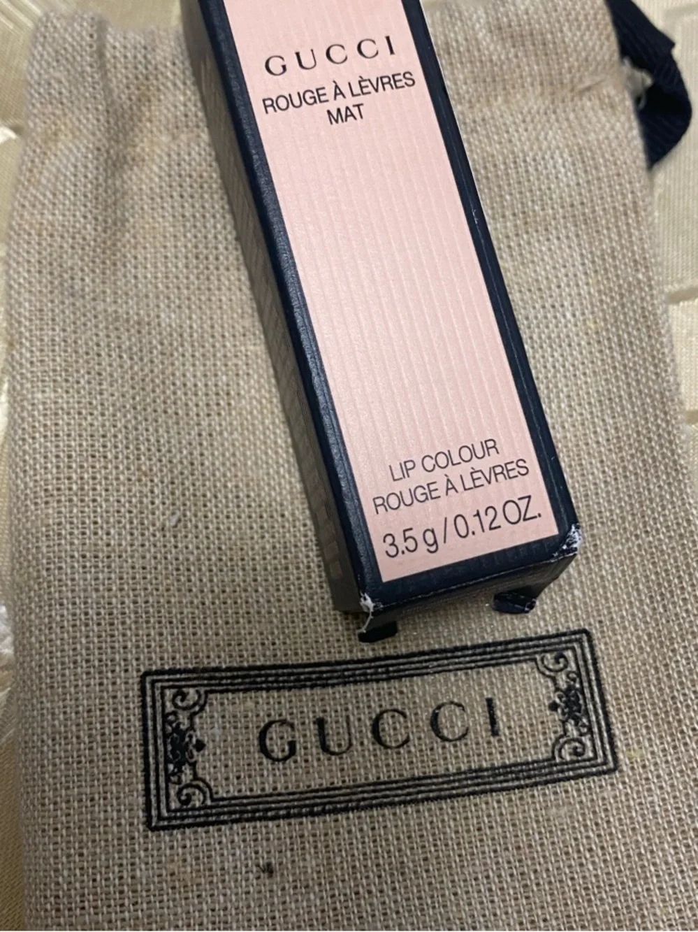 Gucci limited edition colourMatte Lipstick with Soft Pink Box and linen Bag New