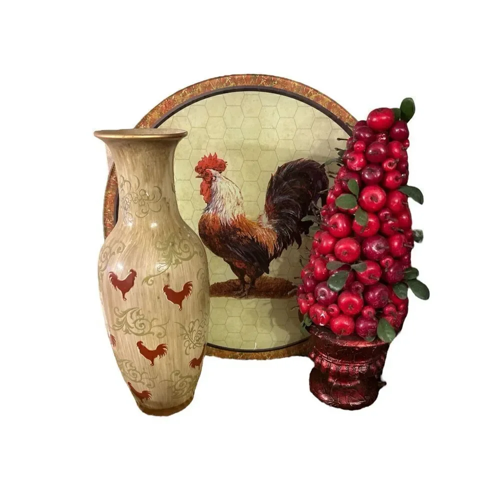 Rooster Decor lazy Susan vase and cherry tree