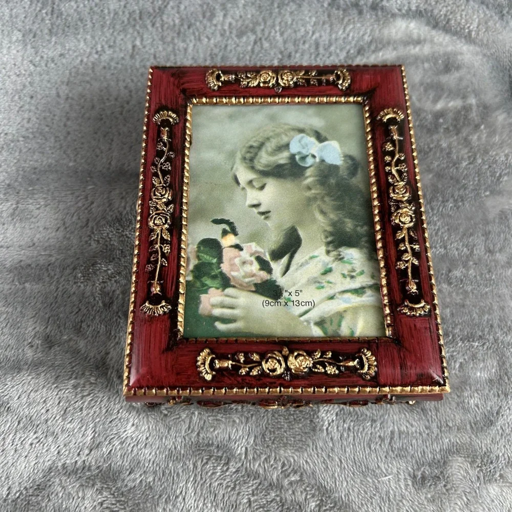 Vintage Style Red Gold Floral Jewelry Box Picture Frame Lid Keepsake Trinket Box