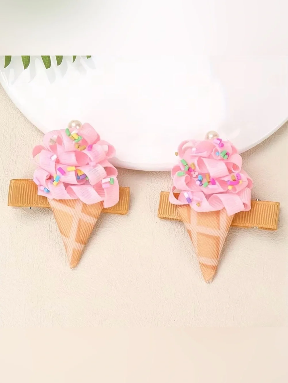 Pink Ice Cream Cone Hair Clips for Kids - Cute Ribbon Sprinkle Design!