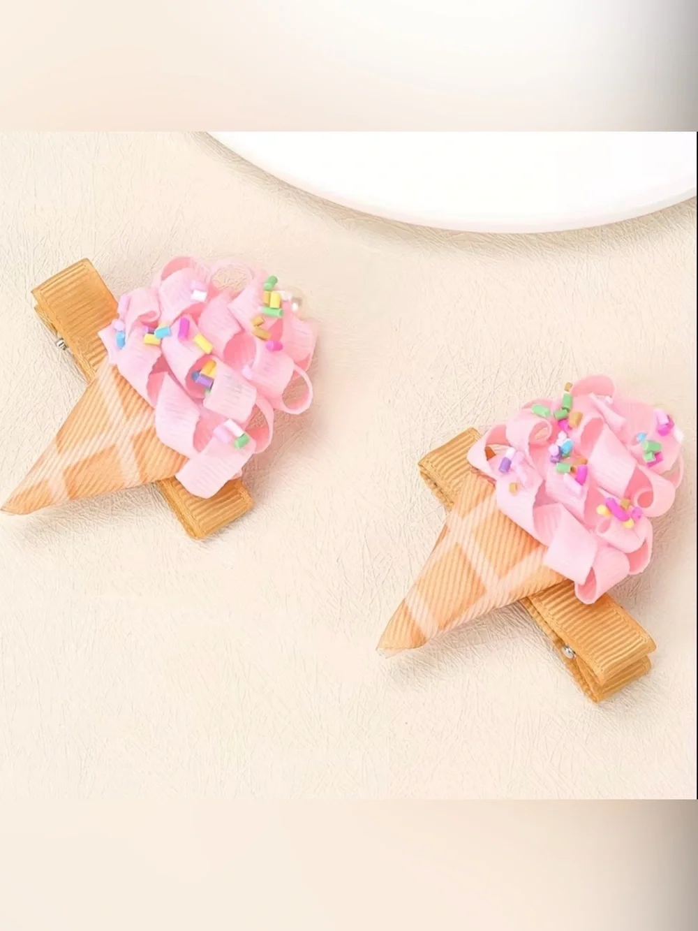 Pink Ice Cream Cone Hair Clips for Kids - Cute Ribbon Sprinkle Design!