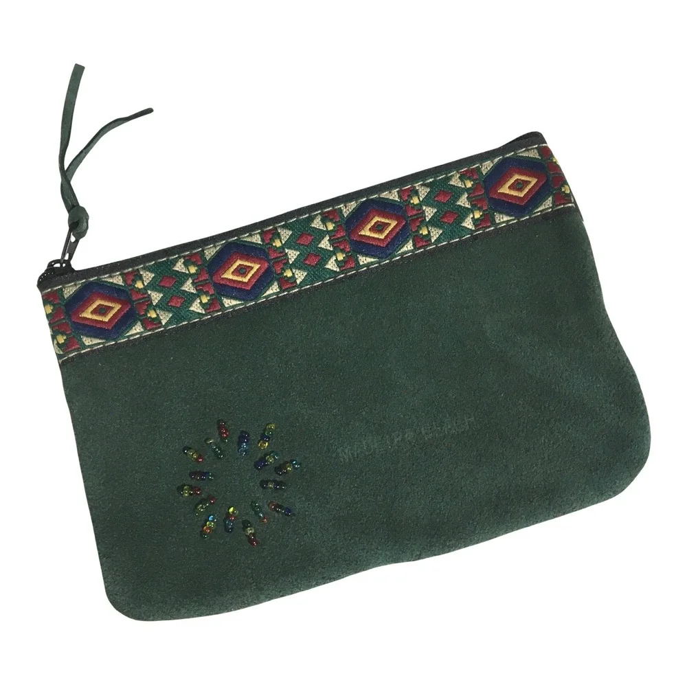 Green Suede Pouch Southwestern Beaded Zippered Small Bag Cosmetic‎ Travel