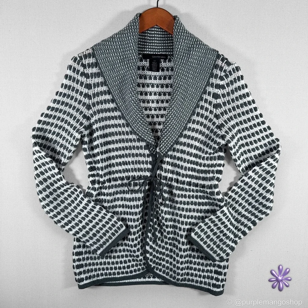 CALVIN KLEIN JEANS Open Knit Shawl Collar Cardigan | Gray & White | W |‎ LARGE