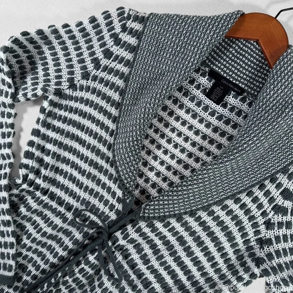 CALVIN KLEIN JEANS Open Knit Shawl Collar Cardigan | Gray & White | W |‎ LARGE