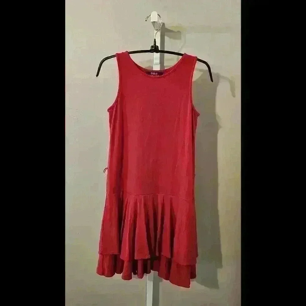 Stylish Polo Red Sleeveless Dress with Ruffled Hem